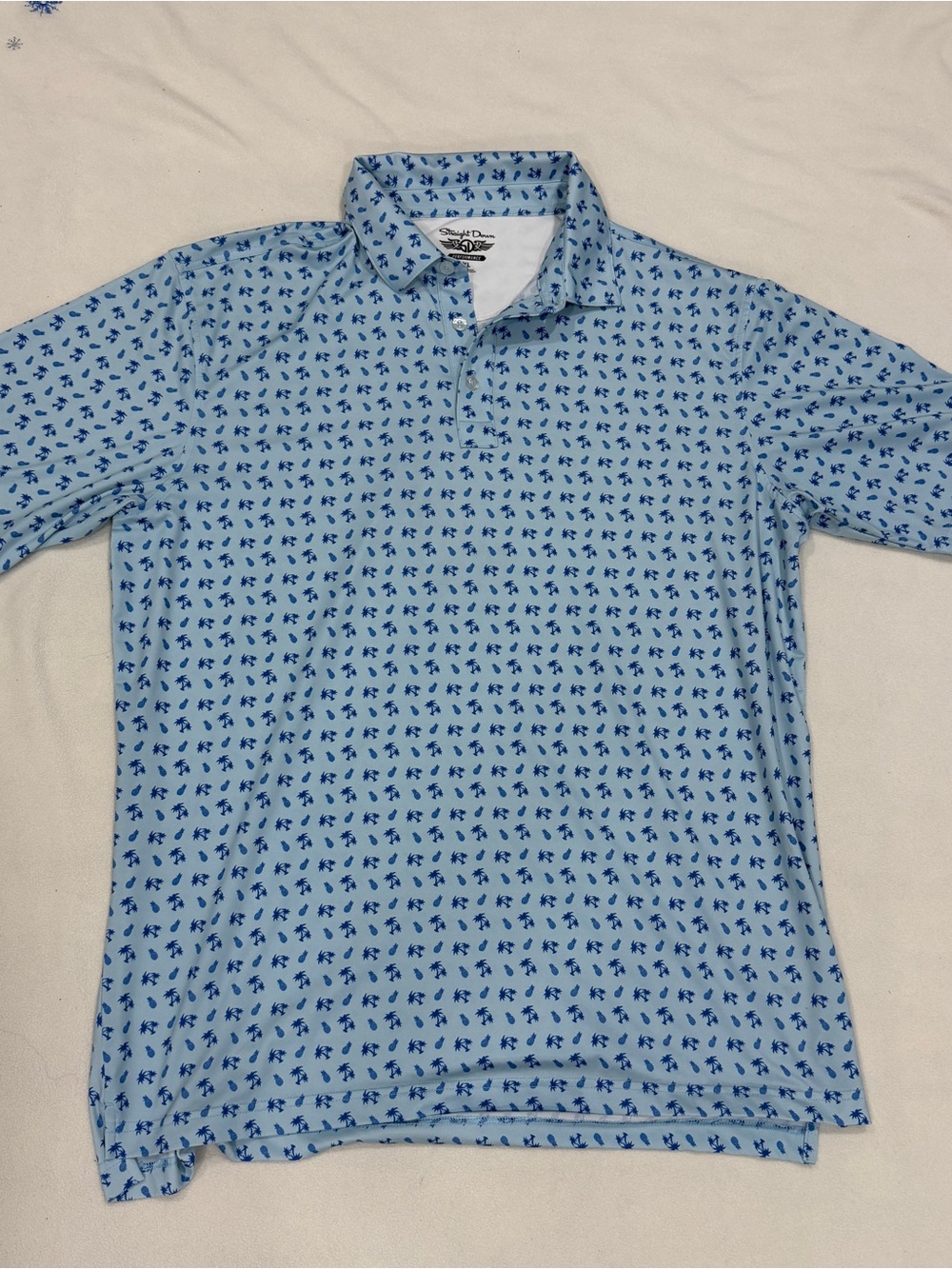 Straight Down Performance Polo Shirt Men's XL Blue Palm Trees Pineapple Stretch